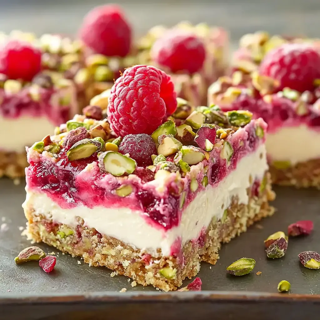 Ein Stück Mürbeteigkuchen mit einer Schicht aus Frischkäse, Himbeeren und gehackten Pistazien, garniert mit einer frischen Himbeere.