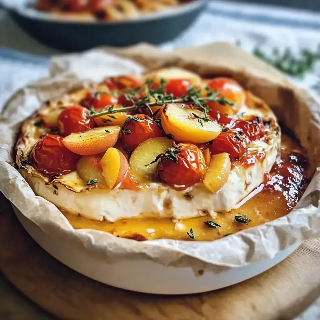 Ein gebackener Käse mit Kirschtomaten und Pfirsichscheiben, garniert mit frischem Thymian, serviert in einer runden Form.
