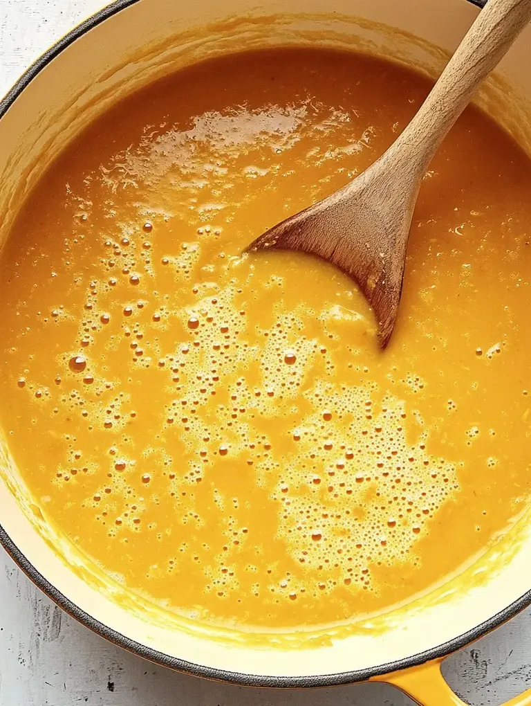 Ein cremiger, oranger Kürbissuppe wird in einem großen Topf mit einem Holzlöffel gerührt.