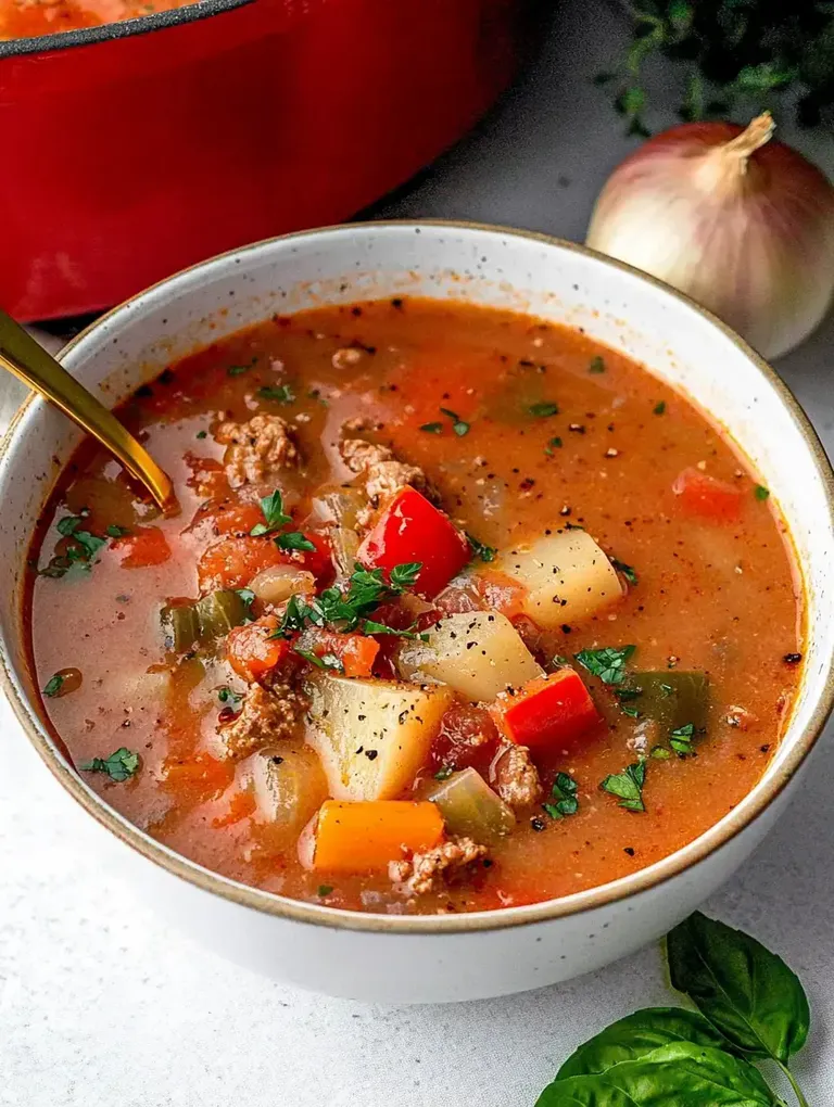 Eine Schüssel mit herzlicher Gemüsesuppe, die mit Fleisch, buntem Gemüse und frischen Kräutern garniert ist.