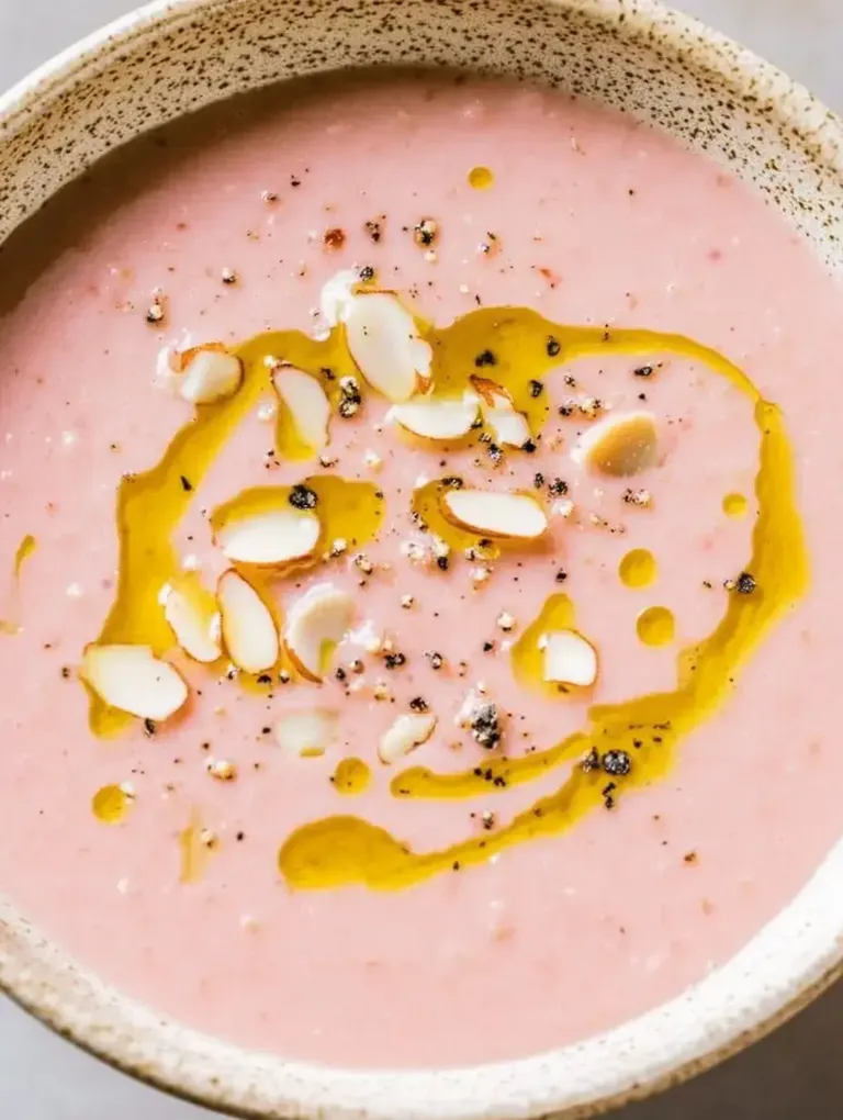 Eine Schüssel mit rosa Suppe, garniert mit Olivenöl, Mandelstücken und Gewürzen.