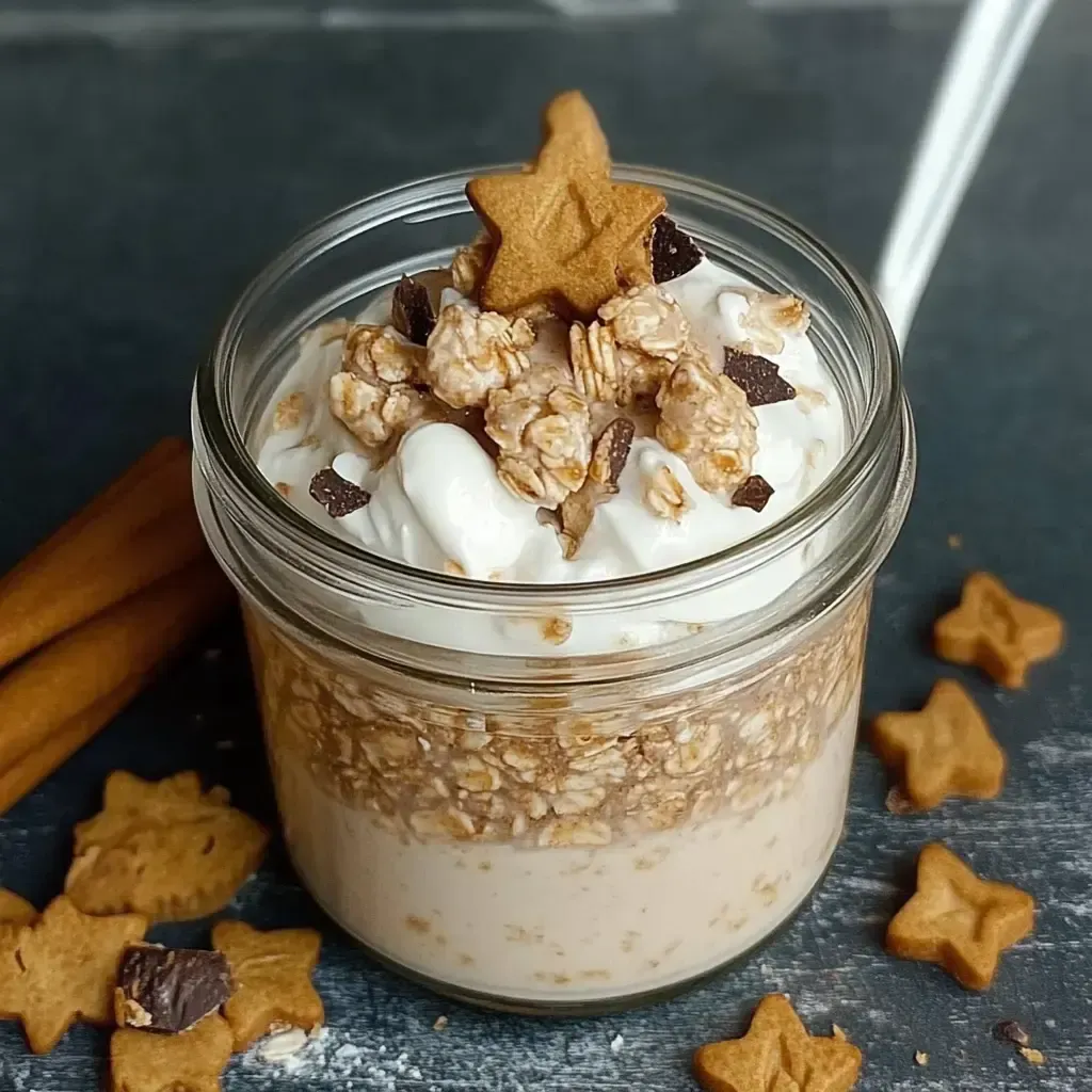 Ein Glas mit Joghurt, Schichten aus Haferflocken, Sahne, Schokoladenstückchen und einem Zimtstern-Cookie oben drauf, umgeben von weiteren Keksen und Zimtstangen.