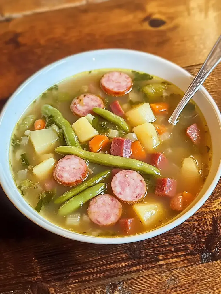 Eine Schüssel Suppe mit Wurstscheiben, Kartoffeln, Karotten und grünen Bohnen auf einem Holztisch.
