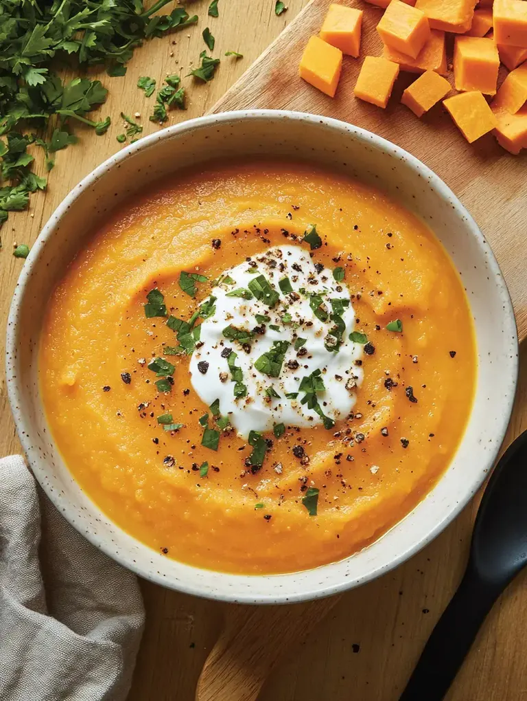 Eine Schüssel mit cremiger Kürbiscremesuppe, garniert mit saurer Sahne, frischen Kräutern und schwarzem Pfeffer, umgeben von gewürfeltem Kürbis und frischen Kräutern auf einem Holzbrett.