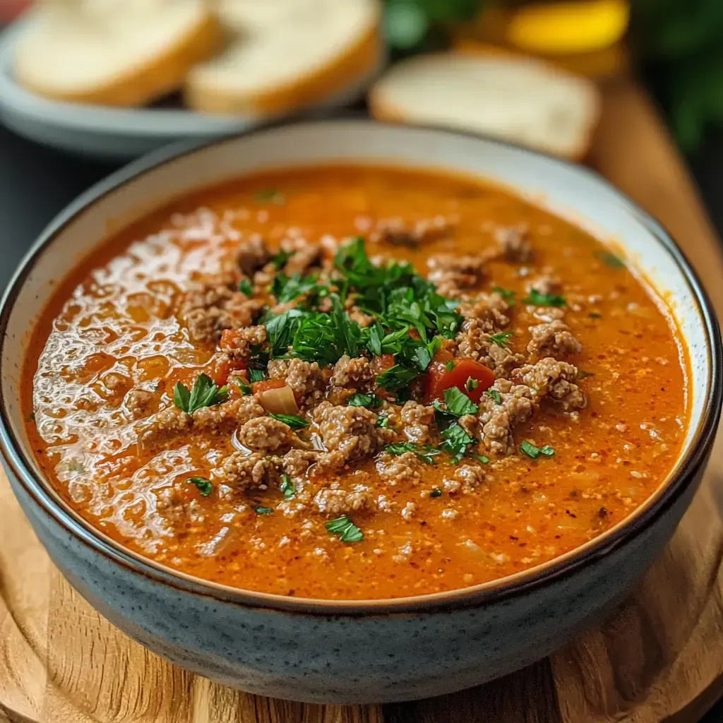 Eine Schüssel mit würziger Suppe, garniert mit Hackfleisch und frischer Petersilie, ist auf einem Holzbrett, während im Hintergrund Brot zu sehen ist.