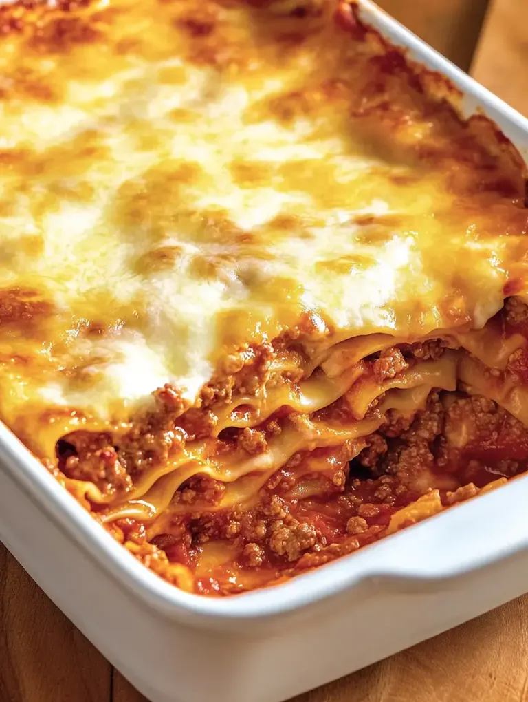 Ein saftiger Lasagneauflauf mit geschmolzenem Käse und Schichten aus Fleischsoße und Nudelblättern.