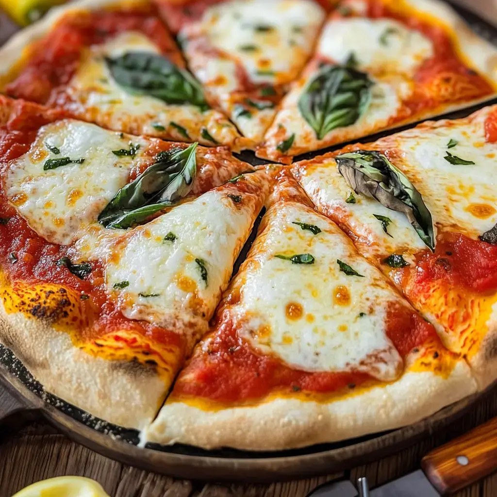 Ein frisch gebackene Pizza Margherita mit Mozzarella, Tomatensauce und frischem Basilikum, in Stücke geschnitten.