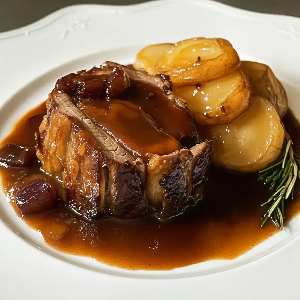Ein saftiges Stück Fleisch mit einer glänzenden Sauce, serviert mit goldenen Bratkartoffeln und einem Zweig Rosmarin auf einem eleganten Teller.