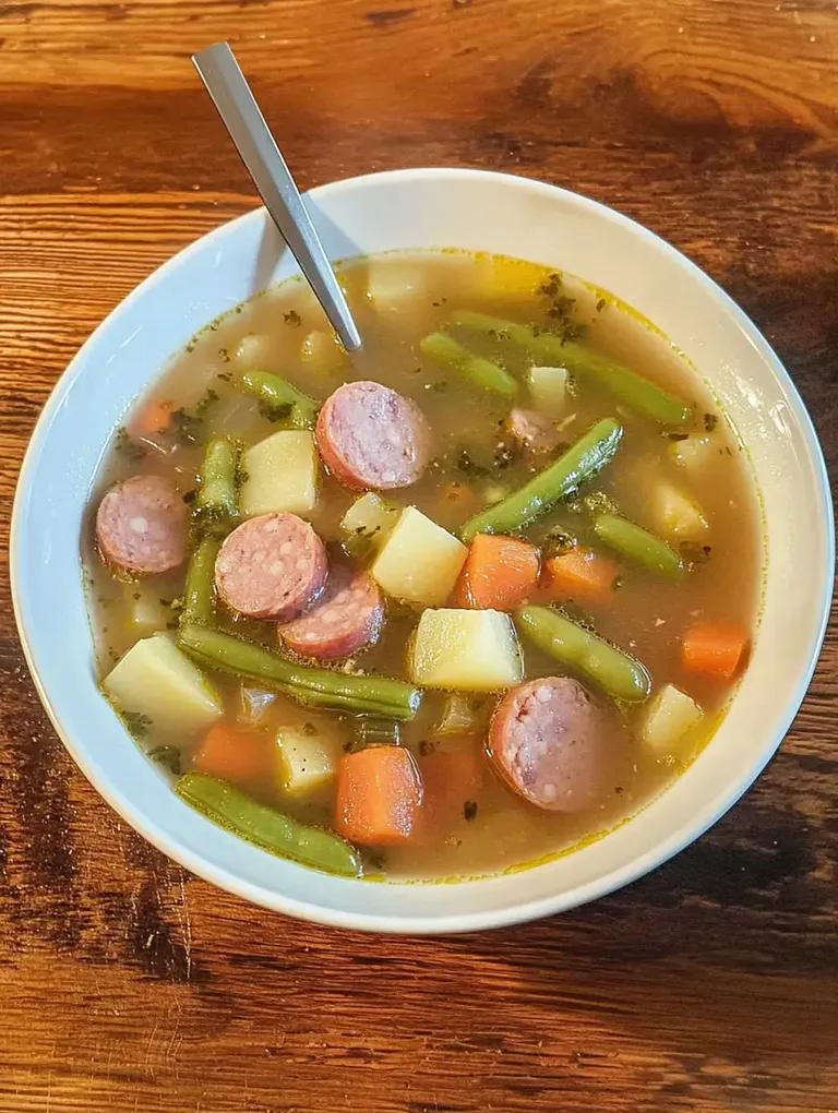 Eine Schüssel Suppe mit Würstchen, grünen Bohnen, Kartoffeln und Karotten steht auf einem Holztisch.