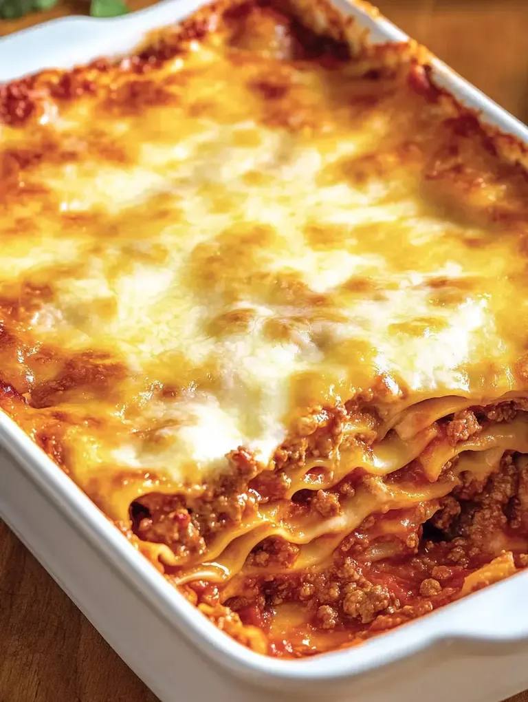 Eine köstliche Lasagne mit einer goldbraunen, geschmolzenen Käseschicht und saftigem Fleischsoße.