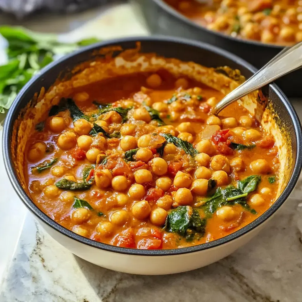 Ein Schüssel Kichererbsencurry mit Spinat und Tomaten, serviert mit einem Esslöffel.