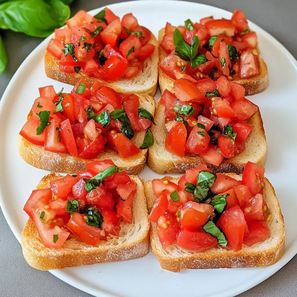 Ein Teller mit sechs Scheiben geröstetem Brot, belegt mit gewürfelten Tomaten und frischem Basilikum.