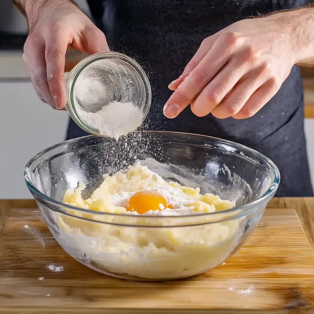Ein Koch gibt Zucker zu einer Schüssel mit Butter und einem Ei.
