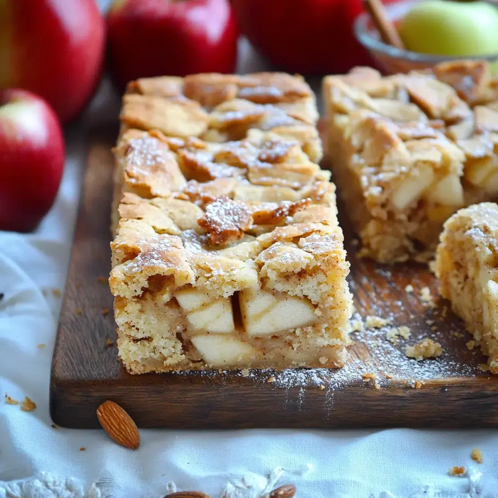 Ein Stück Apfelkuchen mit einer krümeligen Oberseite liegt auf einem Holzbrett, umgeben von roten und grünen Äpfeln.