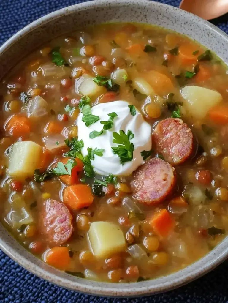 Eine Schüssel mit Linsensuppe, garniert mit Sauerrahm und frischem Koriander, enthält Karotten, Kartoffeln und Stücke von Wurst.