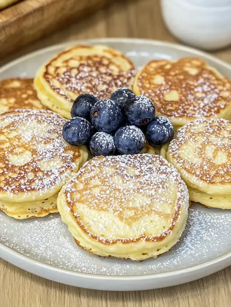 Ein Teller mit goldbraunen Pancakes, bestreut mit Puderzucker und garniert mit frischen Blaubeeren.