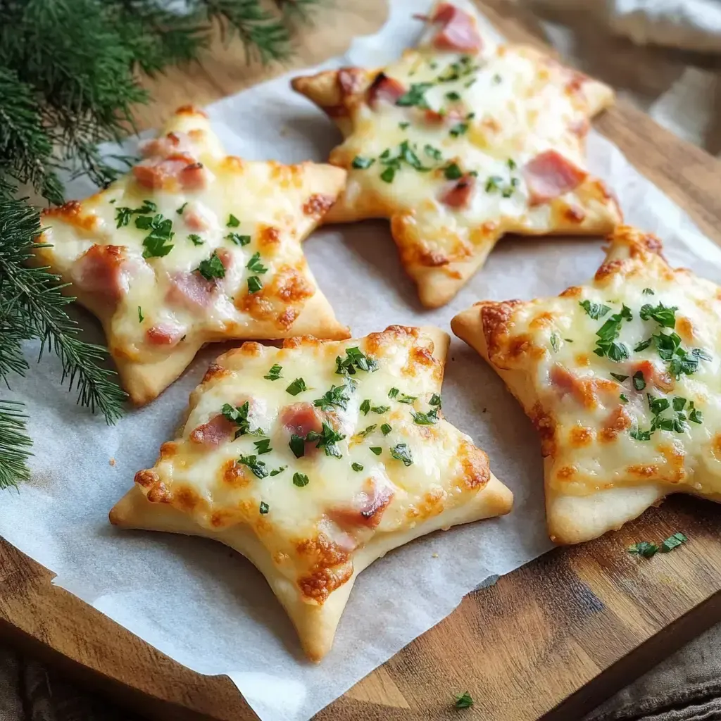 Sternförmige Pizza mit Käse und Schinken, garniert mit frischem Schnittlauch, auf einem Holzbrett präsentiert.