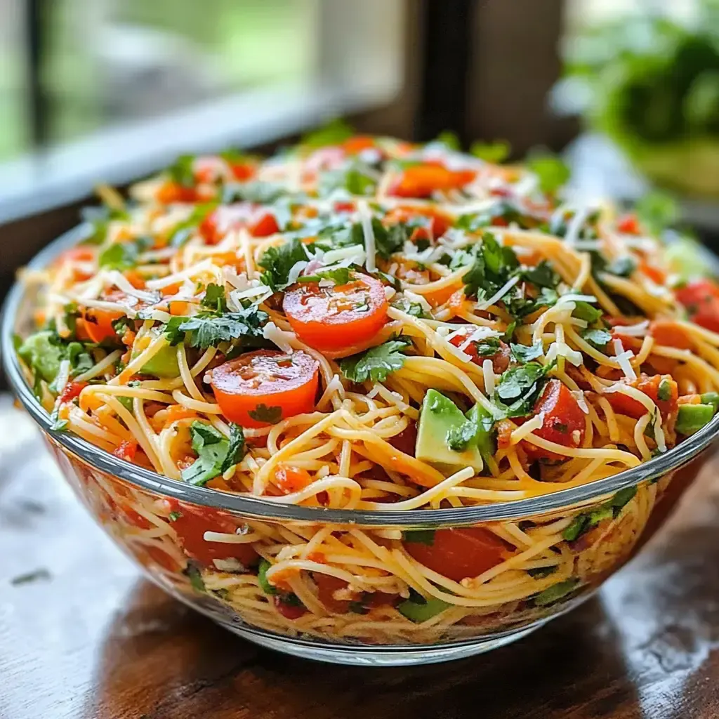 Eine große Schüssel mit Spaghetti, garniert mit Kirschtomaten, frischem Koriander und Käse.