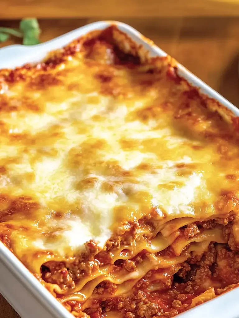 Eine köstliche Lasagne mit Schichten aus Nudelblättern, Hackfleisch und geschmolzenem Käse in einer weißen Auflaufform.