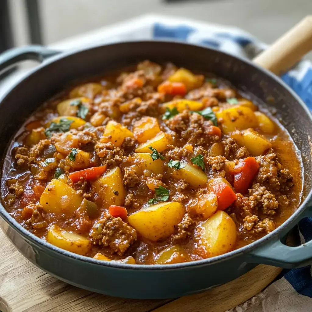 Ein Eintopf mit Kartoffeln, Hackfleisch und Gemüse in einem schwarzen Topf.