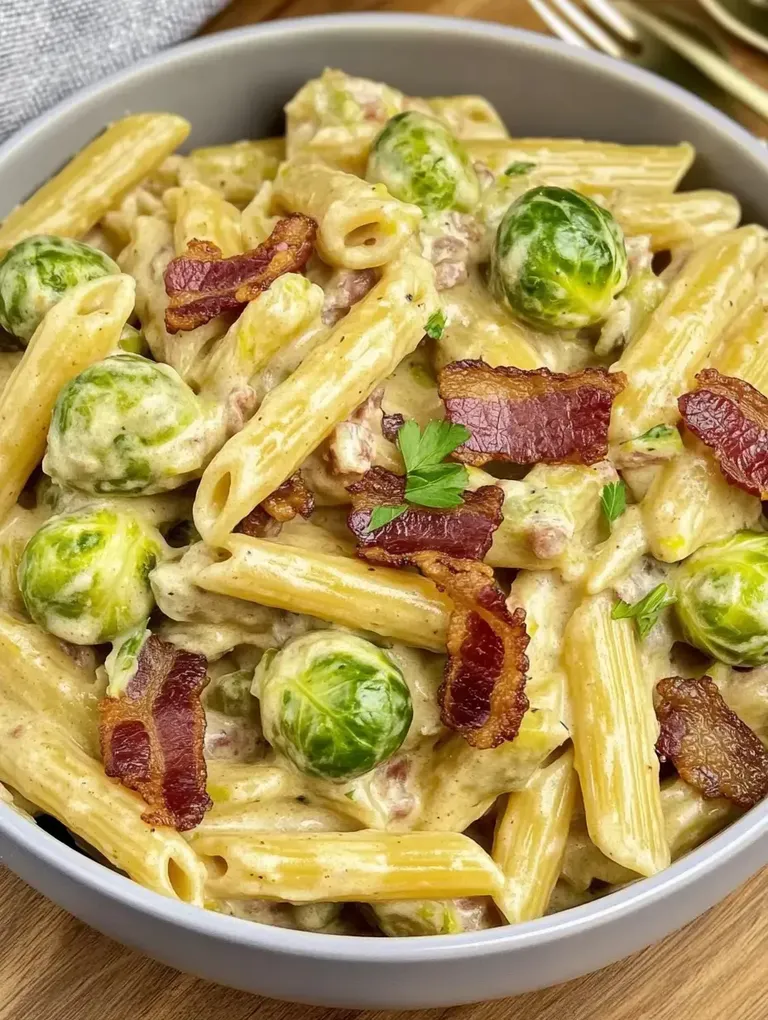 Ein cremiger Pasta-Teller mit Penne, Rosenkohl und knusprigem Speck.