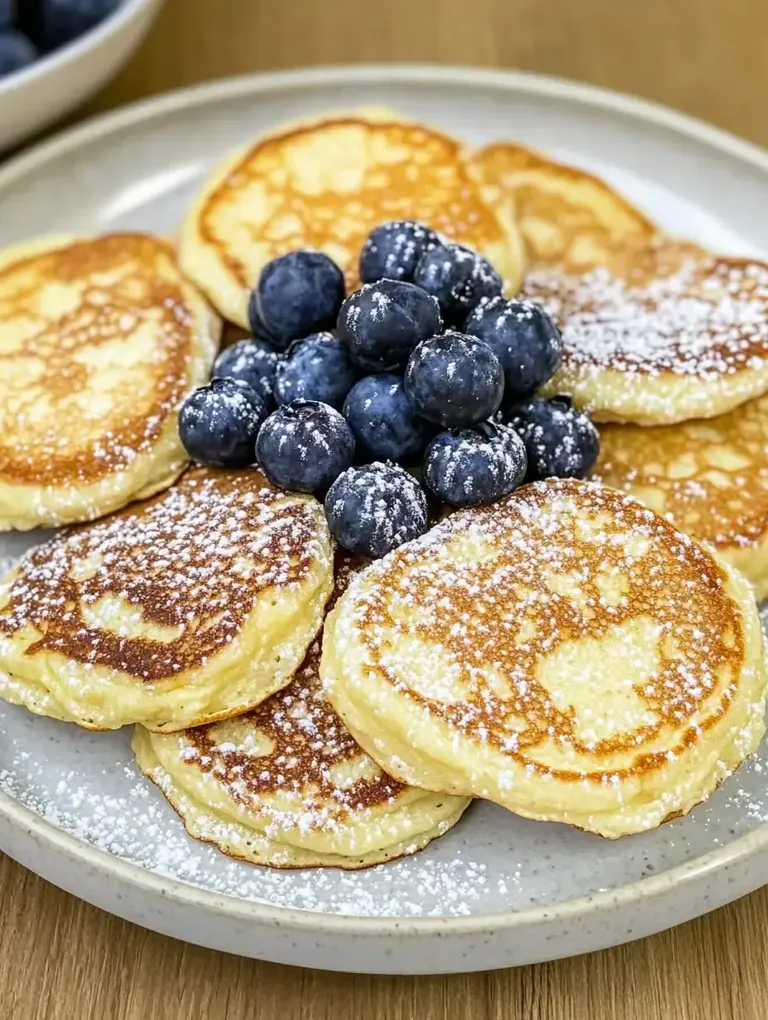 Ein Teller mit fluffigen Pfannkuchen, garniert mit frischen Heidelbeeren und Puderzucker.