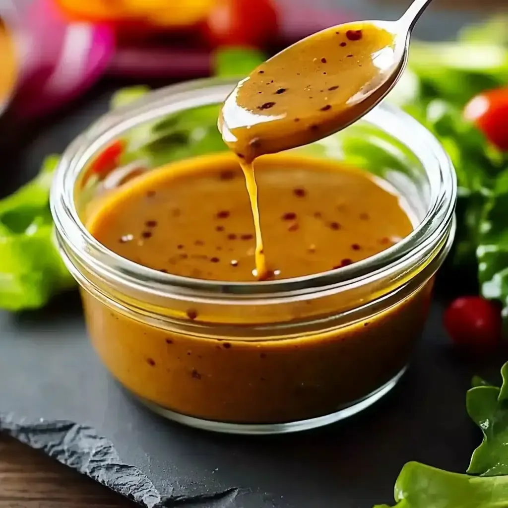 Ein Glas mit einer würzigen, braunen Sauce, aus dem mit einem Löffel Sauce herausgezogen wird, umgeben von frischem Salat und Gemüse.