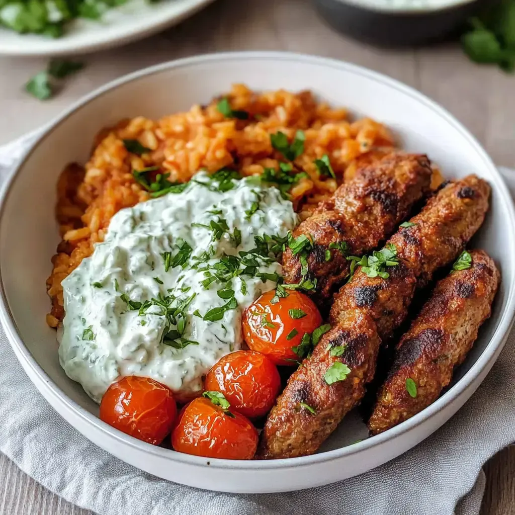 Ein Teller mit gegrillten Fleischspießen, gewürztem Reis, Kirschtomaten und einer Joghurtsoße, garniert mit frischem Koriander.