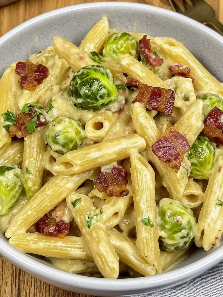 Ein Teller mit Pasta, Rosenkohl, knusprigem Speck und einer cremigen Sauce.
