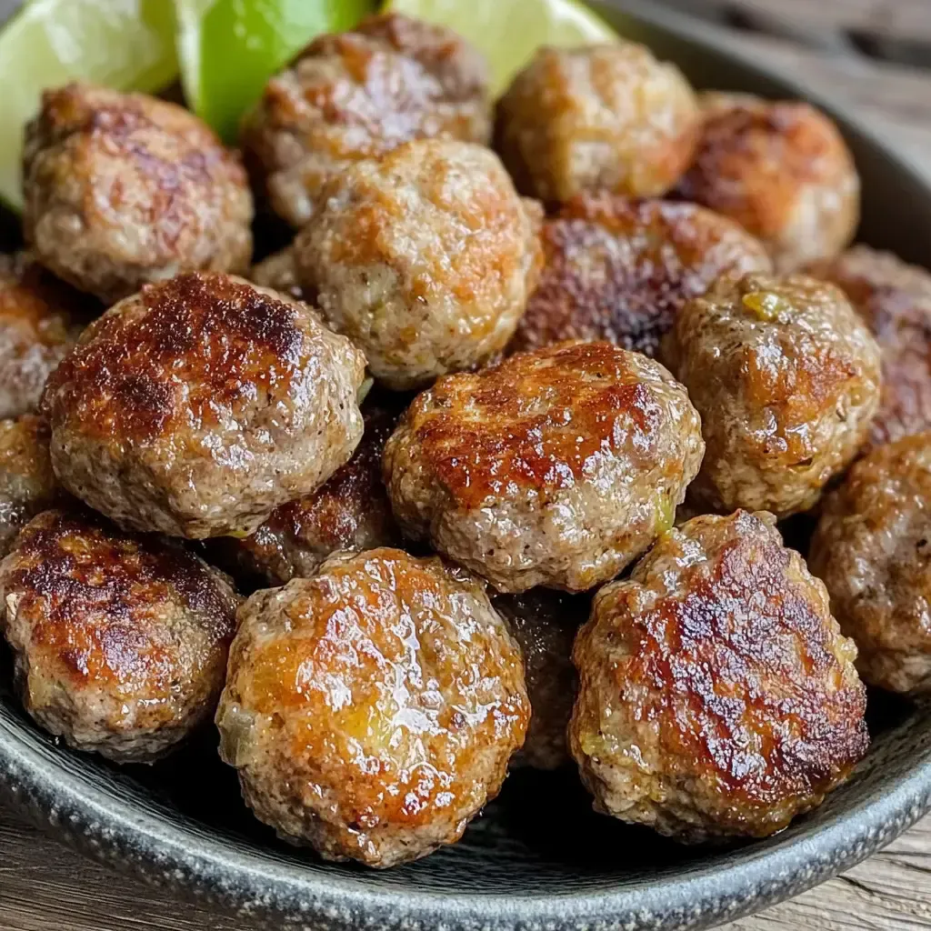 Eine Schüssel mit knusprig gebratenen Fleischbällchen, garniert mit Limettenspalten.
