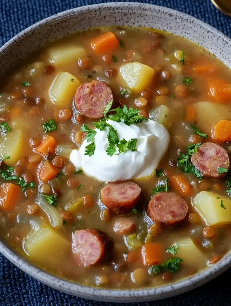 Eine leichte Linsensuppe mit Karotten, Kartoffeln und Wurstscheiben, garniert mit einem Löffel Sauerrahm und frischer Petersilie.