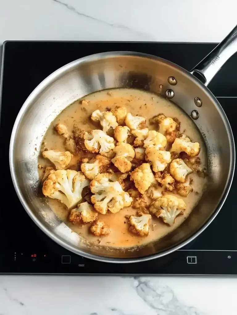 Eine Pfanne mit gebratenem Blumenkohl, umgeben von einer cremigen Sauce auf einem Induktionskochfeld.