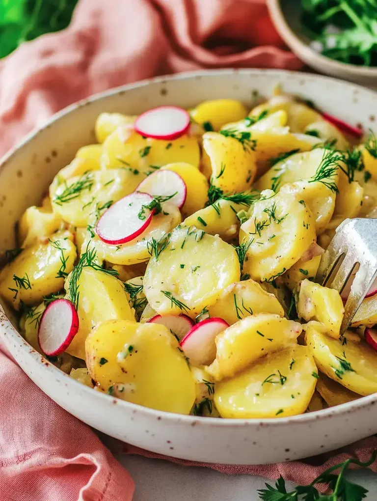 Ein Teller mit Kartoffelsalat, garniert mit Radieschen und frischem Dill, auf einem Tisch mit einem Stoffserviette in Rosa.