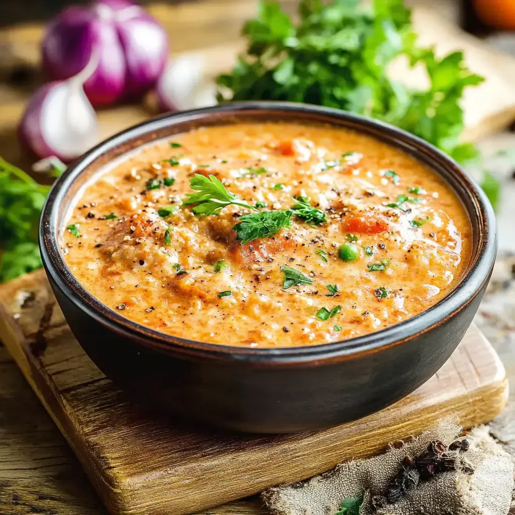 Eine Schüssel mit cremiger, orangefarbener Suppe, garniert mit frischem Koriander und umgeben von Zwiebeln und Kräutern.