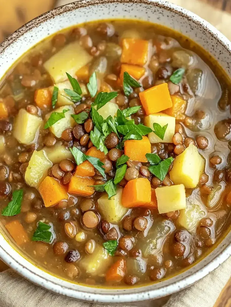 Eine Schüssel mit Linsensuppe, die mit Würfeln von Karotten, Kartoffeln und frischer Petersilie garniert ist.