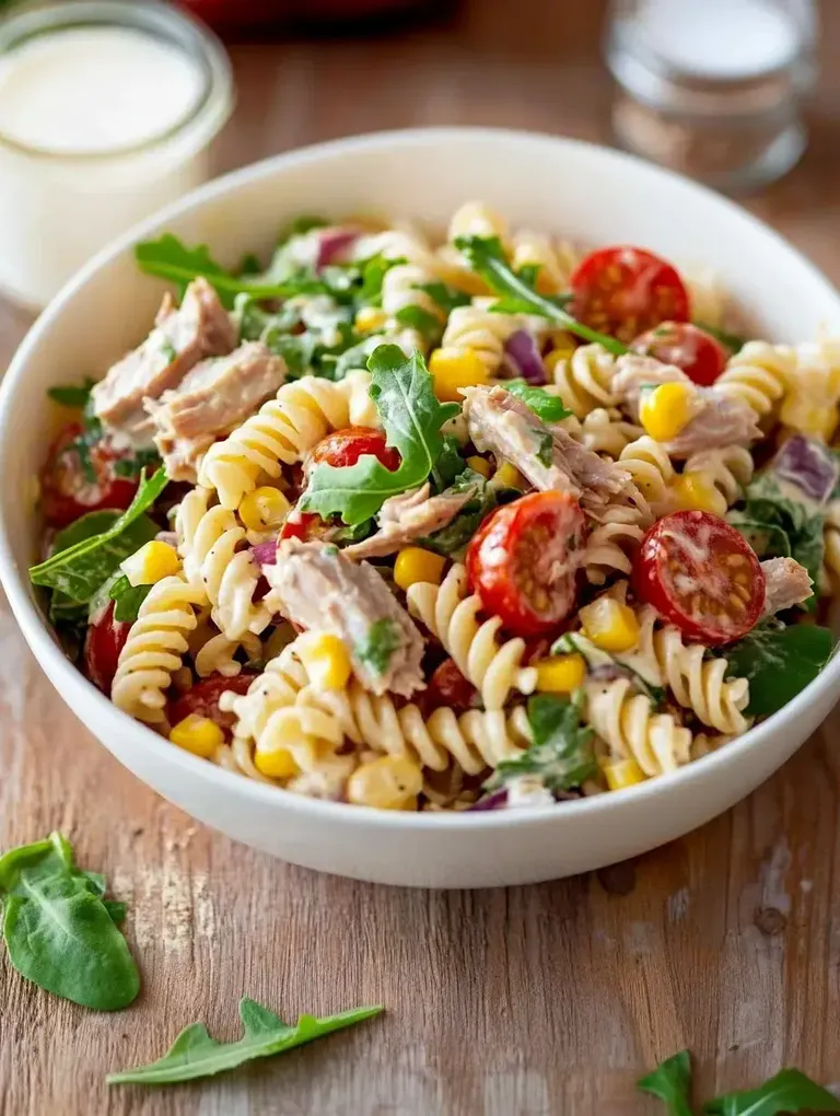 Eine Schüssel Teigwaren-Salat mit Thunfisch, Kirschtomaten, Mais und Rucola auf einem Holzuntergrund.