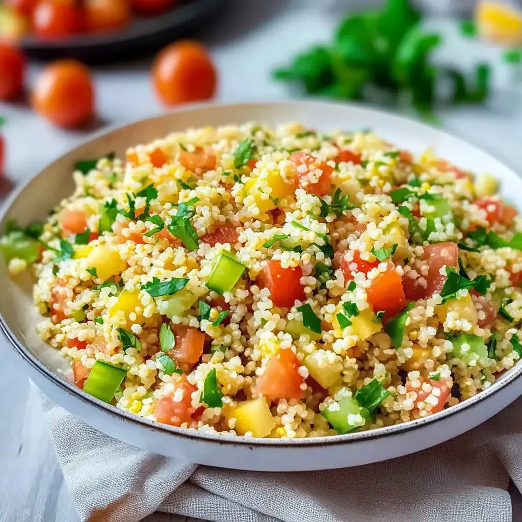 Ein bunter Couscous-Salat mit Paprika, Tomaten und frischer Petersilie in einer Schüssel.