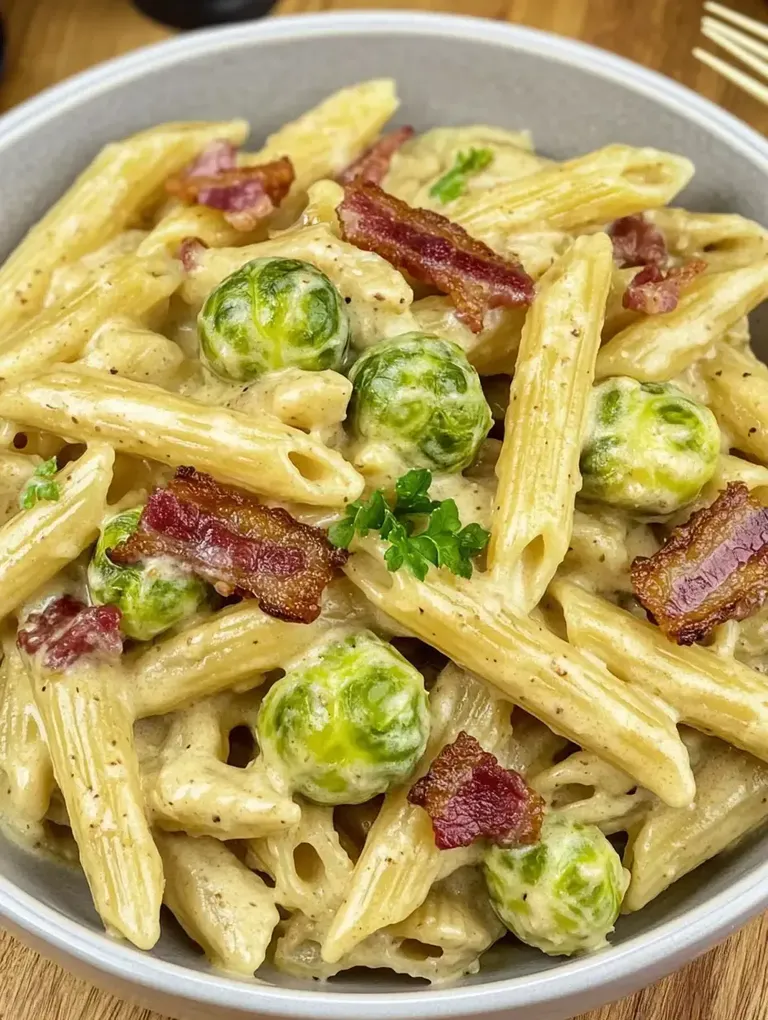 Ein Teller Pasta mit Senfsauce, Rosenkohl und knusprigem Speck.