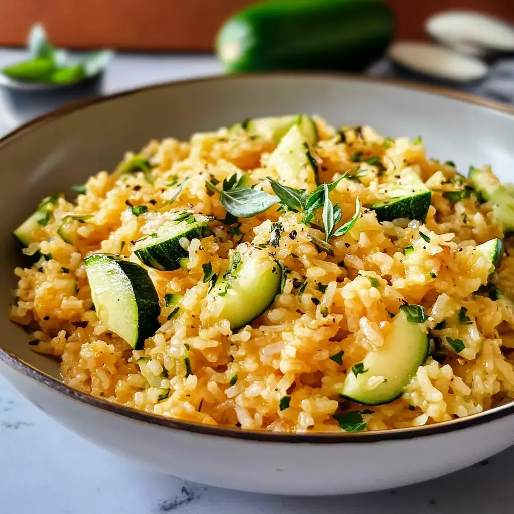 Eine Schüssel mit gewürztem Reis, garniert mit Zucchinistücken und frischen Kräutern.