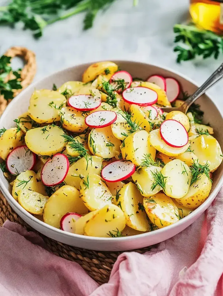 Ein bunter Kartoffelsalat mit Radieschen und frischem Dill in einer großen Schüssel.