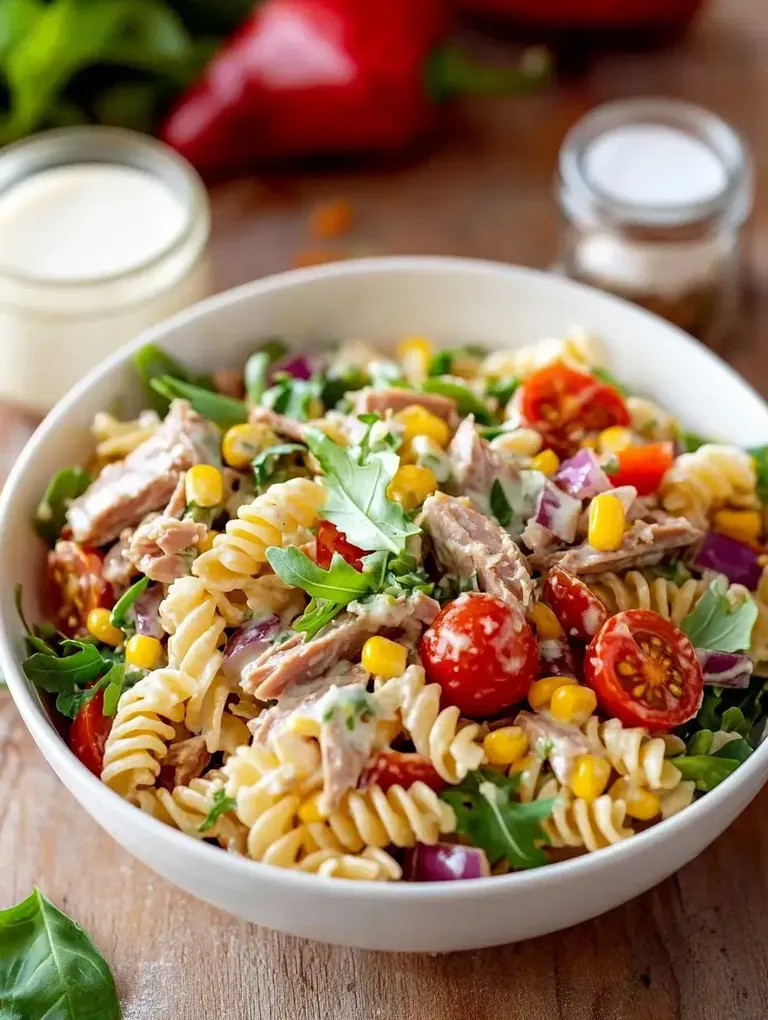 Eine Schüssel Pasta-Salat mit Thunfisch, Kirschtomaten, Mais, Rucola und einer cremigen Sauce auf einem Holzuntergrund.