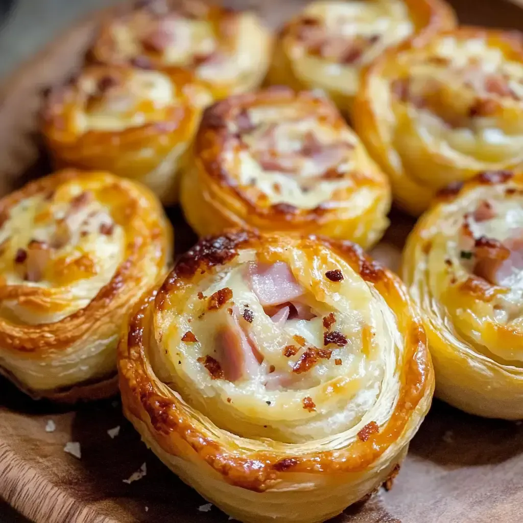Auf dem Bild sind frisch gebackene, knusprige Blätterteigrollen mit einer Füllung aus Schinken und Käse zu sehen.
