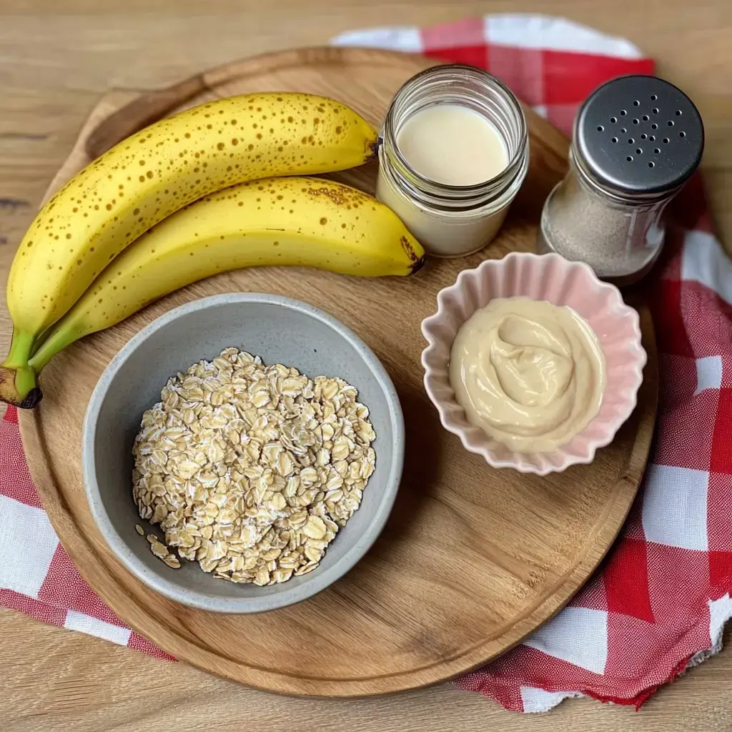 Eine Holzplatte mit zwei Bananen, einer Schale mit Haferflocken, einem Glas mit Milch und einer pinken Schale mit Püree sowie einem Salzstreuer auf einem karierten Tischläufer.