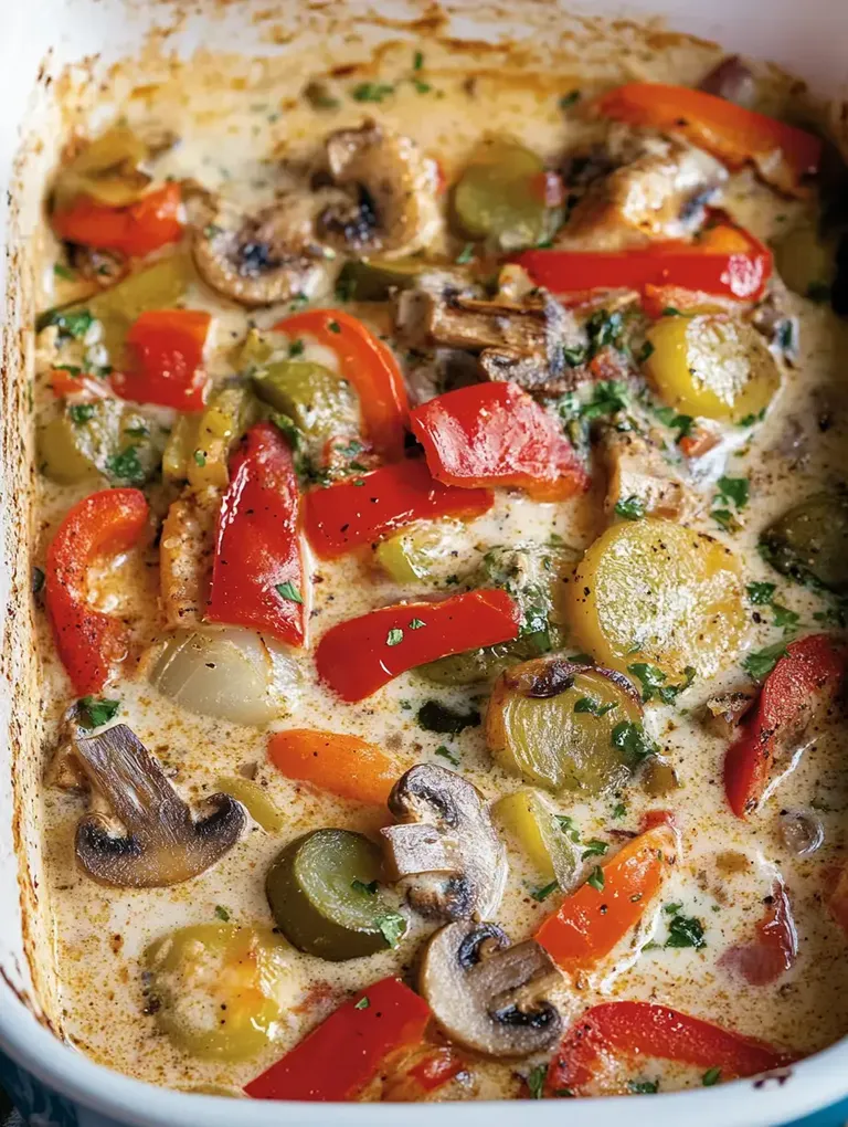Ein Auflauf mit buntem Gemüse, einschließlich Paprika, Pilzen und Zwiebeln, in einer cremigen Sauce.