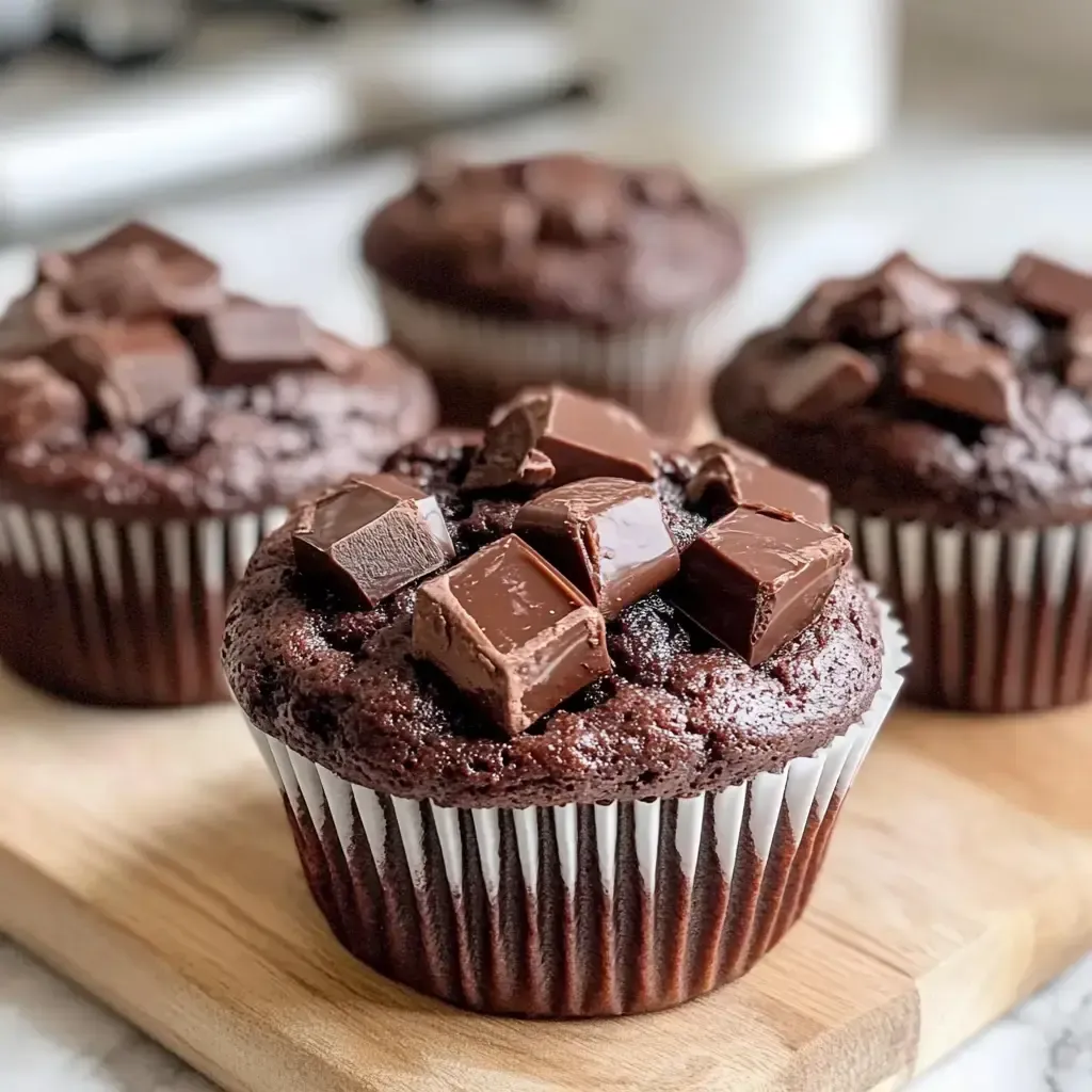 Saftige Schokoladenmuffins mit Schokoladestücken auf der Oberseite, serviert auf einem Holzbrett.