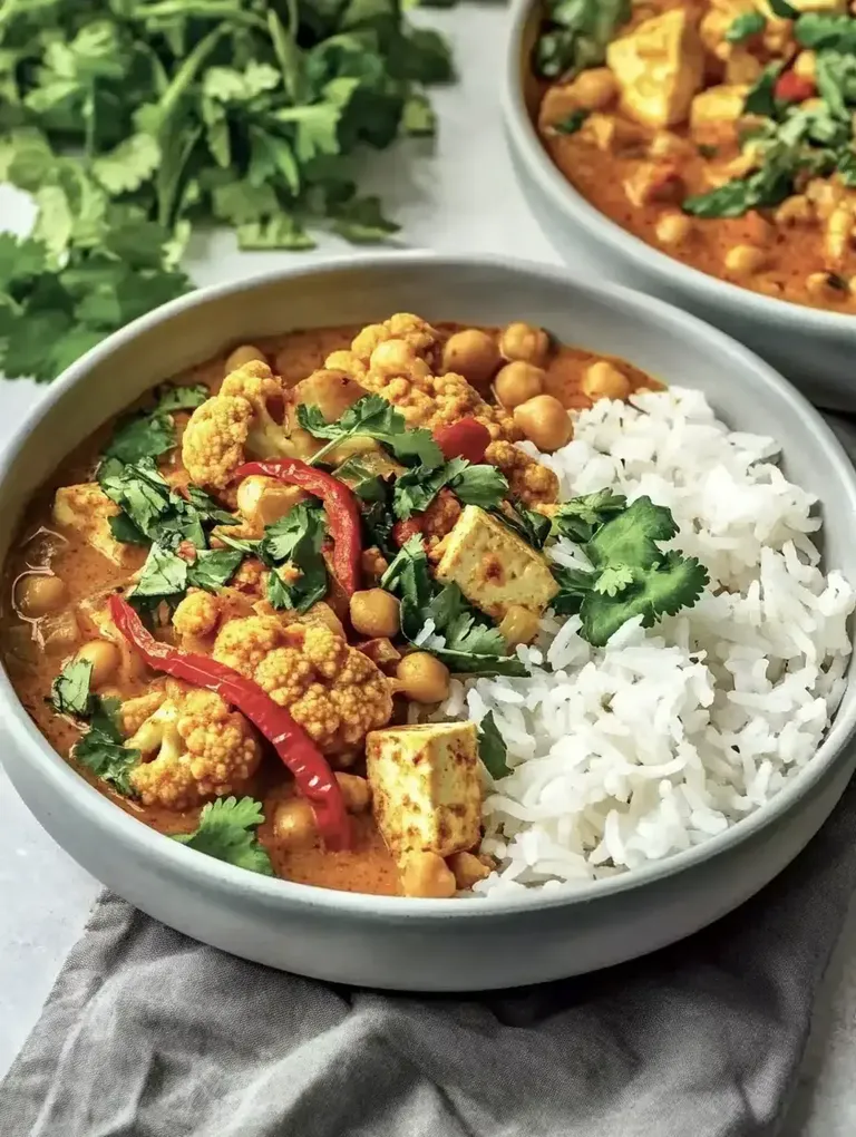 Eine Schüssel mit Kichererbsen-Curry, Blumenkohl, roten Chilischoten und frischem Koriander, serviert mit Reis.
