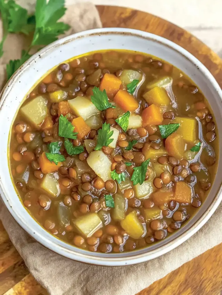 Eine Schüssel mit Linsensuppe, die mit Gemüsestücken und frischen Kräutern garniert ist.