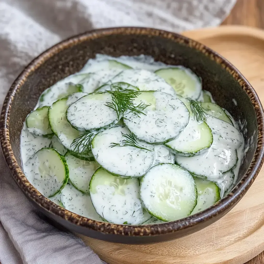 Eine Schüssel mit Gurkenscheiben in einem cremigen, dillhaltigen Dressing.