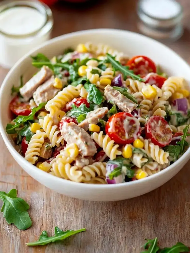 Ein Schüssel mit fusilli-Nudeln, Kirschtomaten, Mais, Rucola und Stückchen von Fleisch ist auf einem Holztisch angerichtet.
