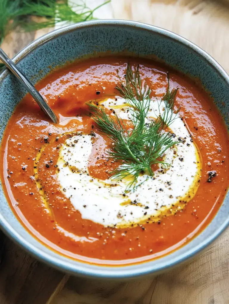 Eine Schüssel mit Tomatensuppe, garniert mit Sahne, Dill und schwarzem Pfeffer.